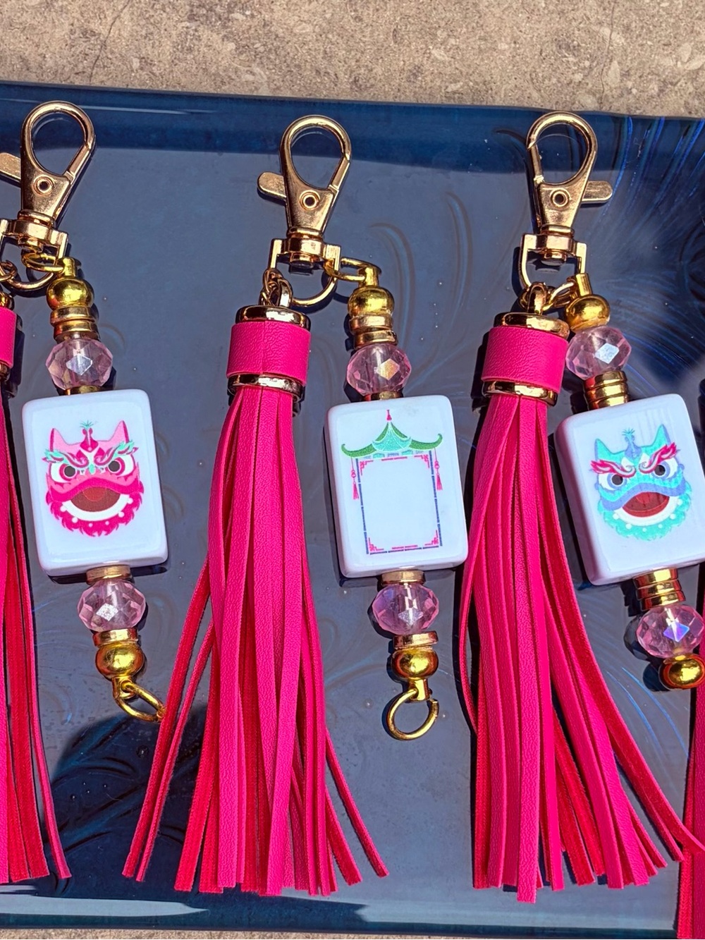 Bright Pink Tassel Keychain Charm with Mahjong Tile